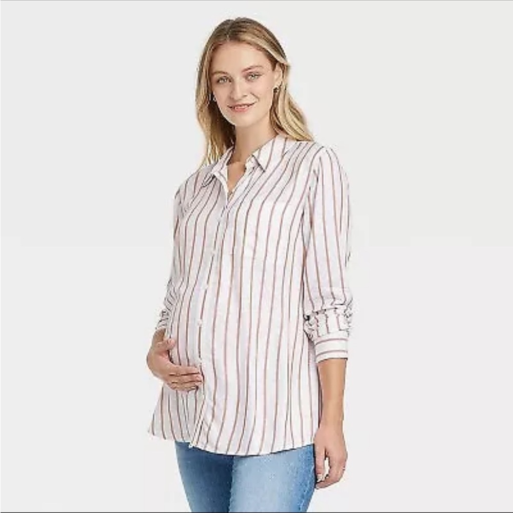 XL Ingrid and Isabel Striped Long Sleeve Woven Maternity Shirt